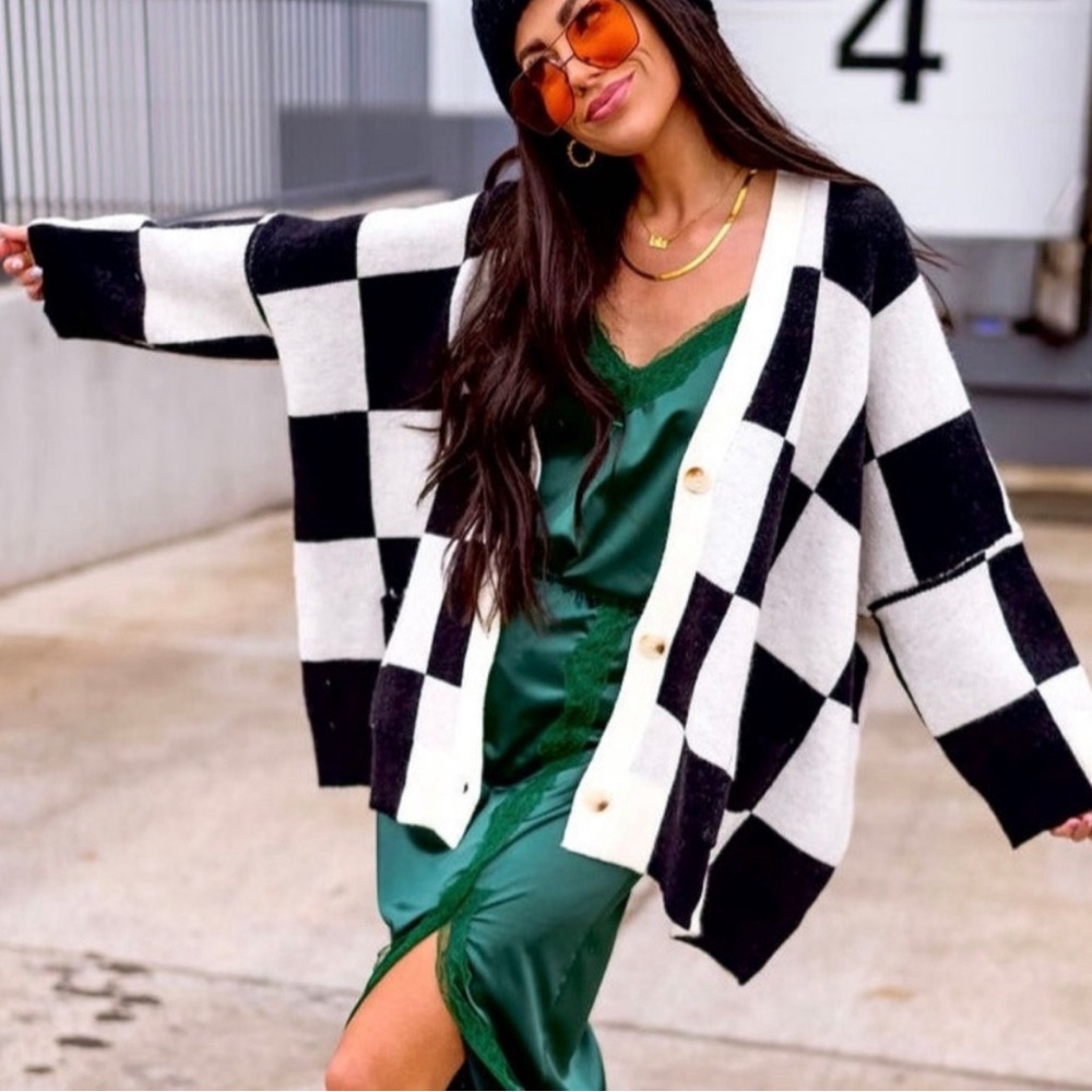 Dresses in LALA checkered cardigan